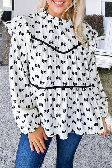 White Bow Knot Print Piping Trim Ruffled Crew Neck Blouse BB Fashion Outlet