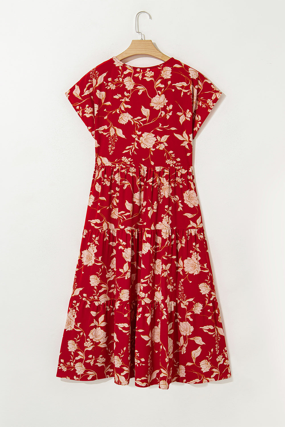 Red Floral Print Buttoned Front V Neck Tiered Short Sleeve Maxi Dress eAura
