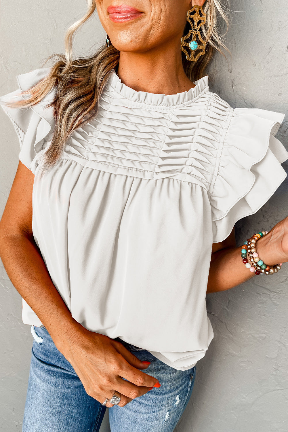 White Smocked Ruffle Sleeve Blouse eAura