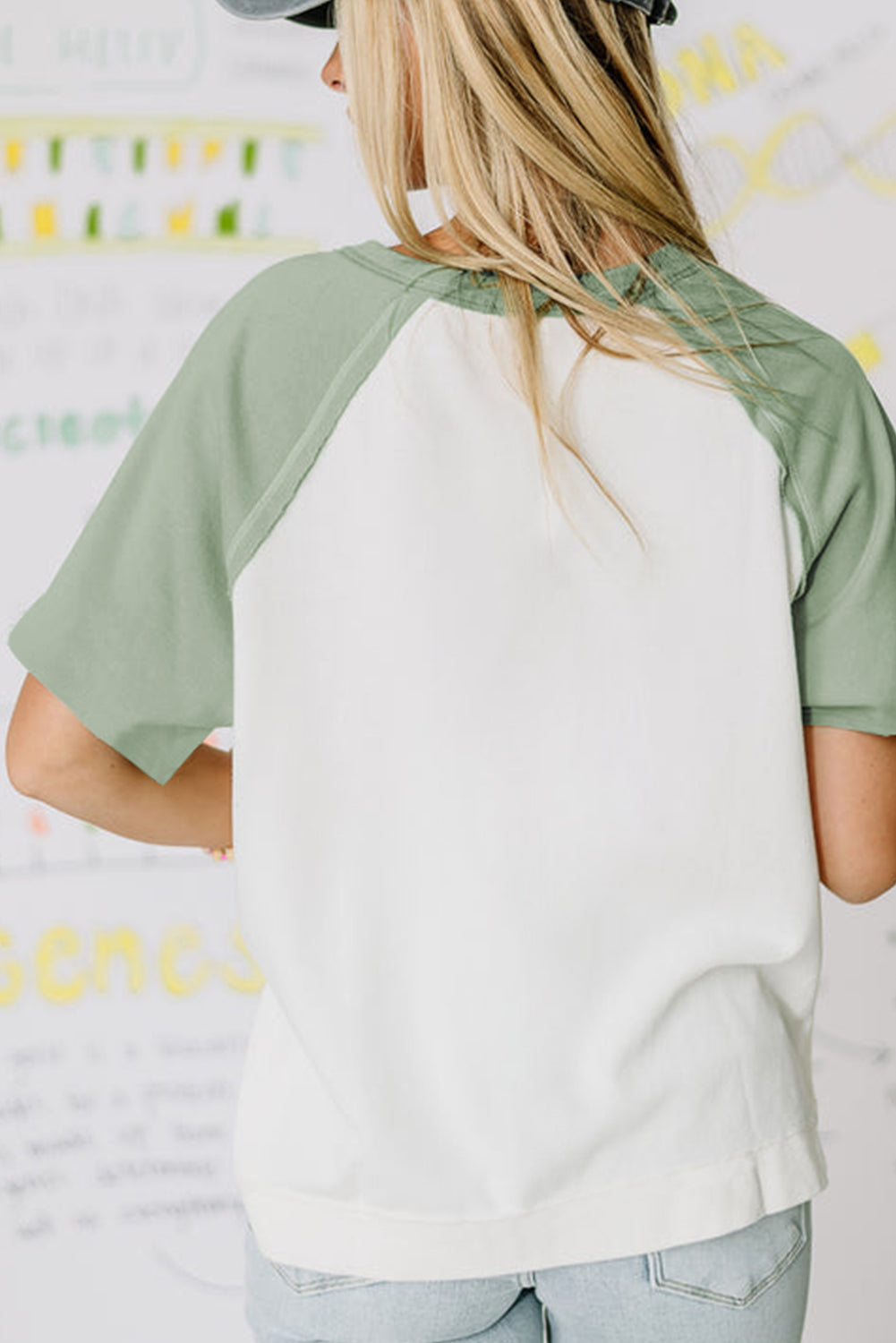 Clearly Aqua Colourblock Raglan Short Sleeve Half Buttons High Low T Shirt eAura
