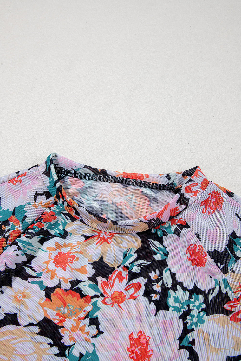 Orange Floral Mesh Slim Long Sleeve Crop Top eAura