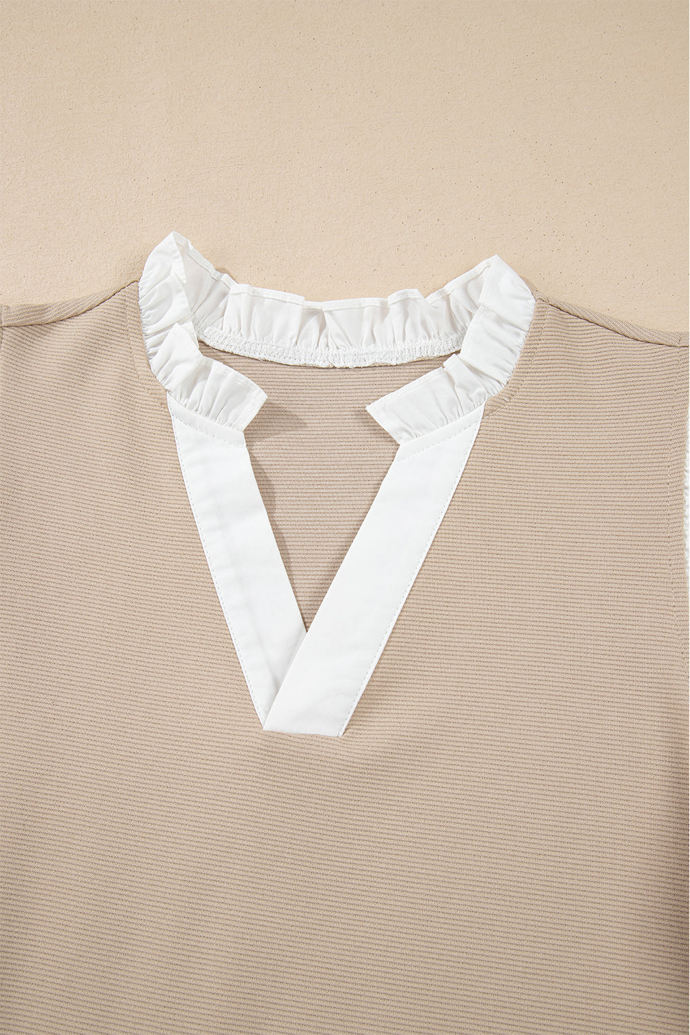 Pale Khaki Contrast V Neck Ruffled Textured Knit Top eAura