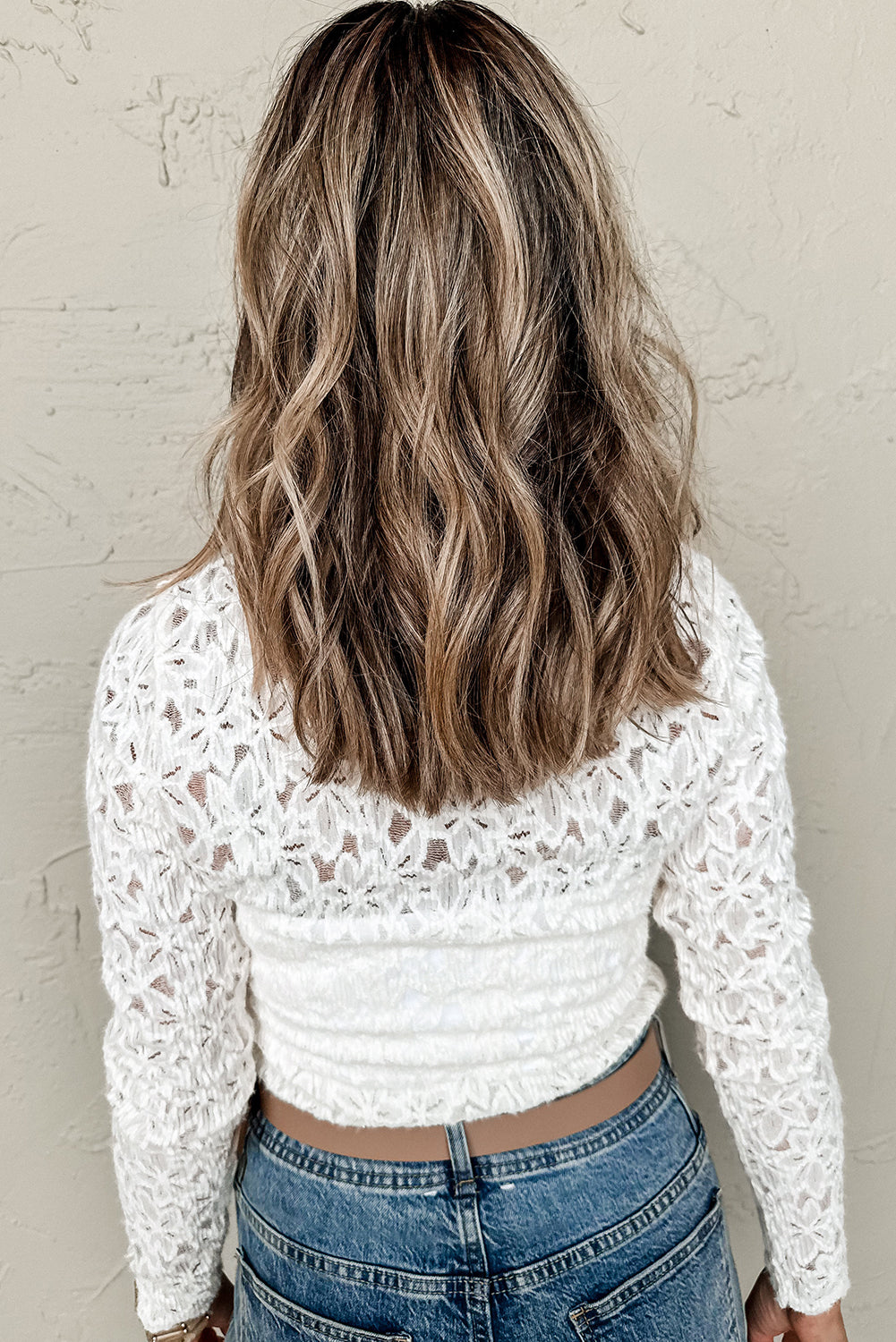 White Flower Lace See Through Mock Neck Long Sleeve Top eAura