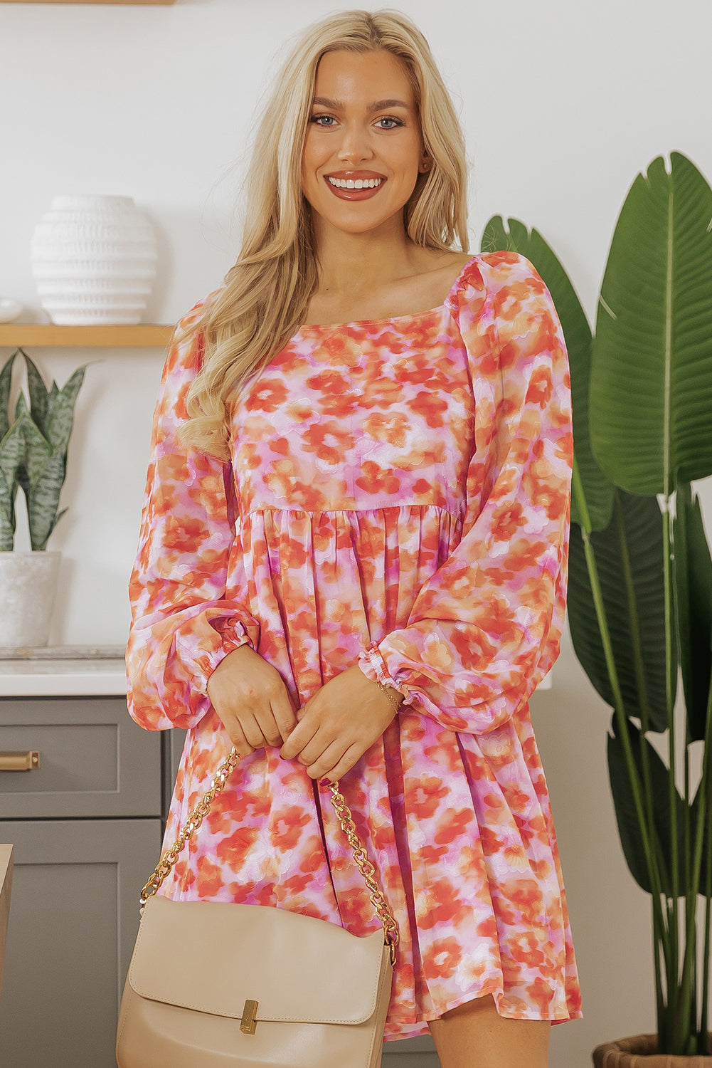 Rose Floral Print Square Neck High Waist Mini Dress eAura