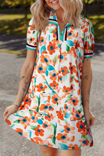 Contrast Trim Floral Split Neck Puff Short Sleeve Tiered Mini Dress eAura
