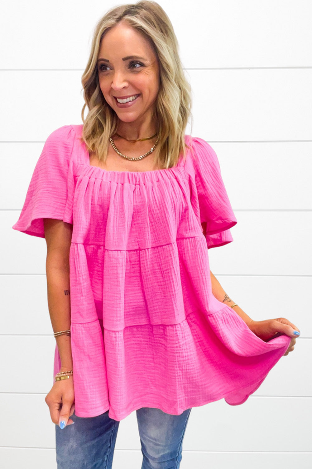 Bright Pink Textured Square Neck Flutter Sleeve Tiered Flowy Blouse eAura