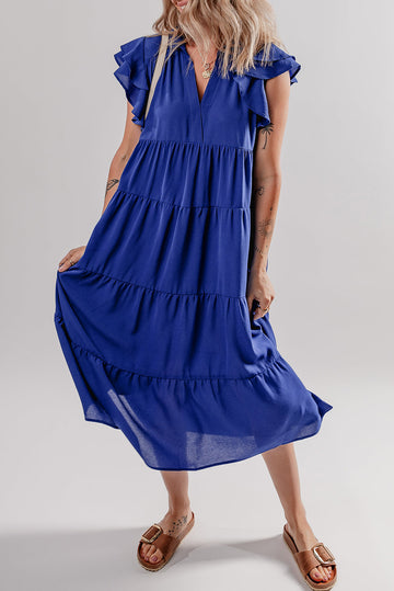 Bluing Ruffled Short Sleeve Collared V Neck Tiered Midi Dress eAura