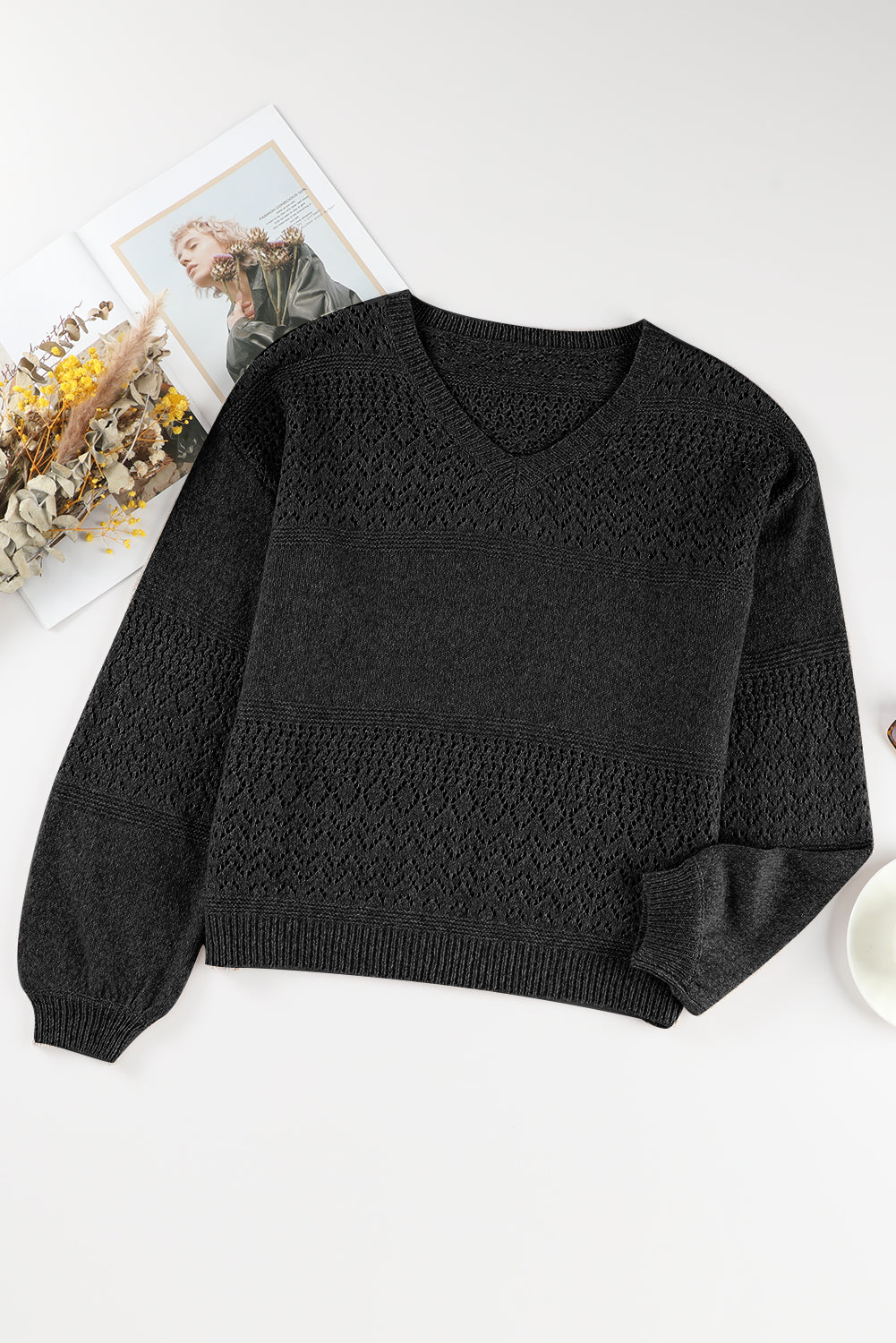 Black Eyelet Pattern Detail V Neck Drop Shoulder Sweater eAura