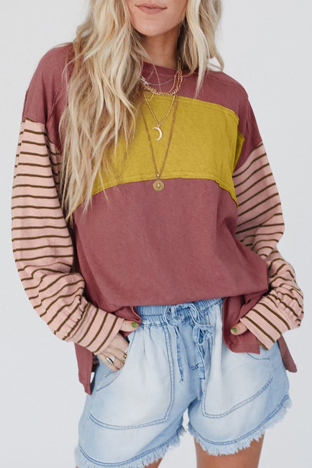 Fiery Red Colourblock Striped Bishop Sleeve Top eAura