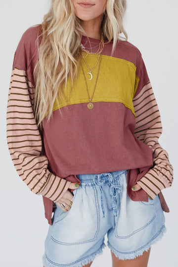 Fiery Red Colourblock Striped Bishop Sleeve Top eAura