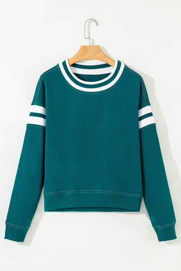 Green Contrast Striped Patchwork Drop Shoulder Sweatshirt - eAura