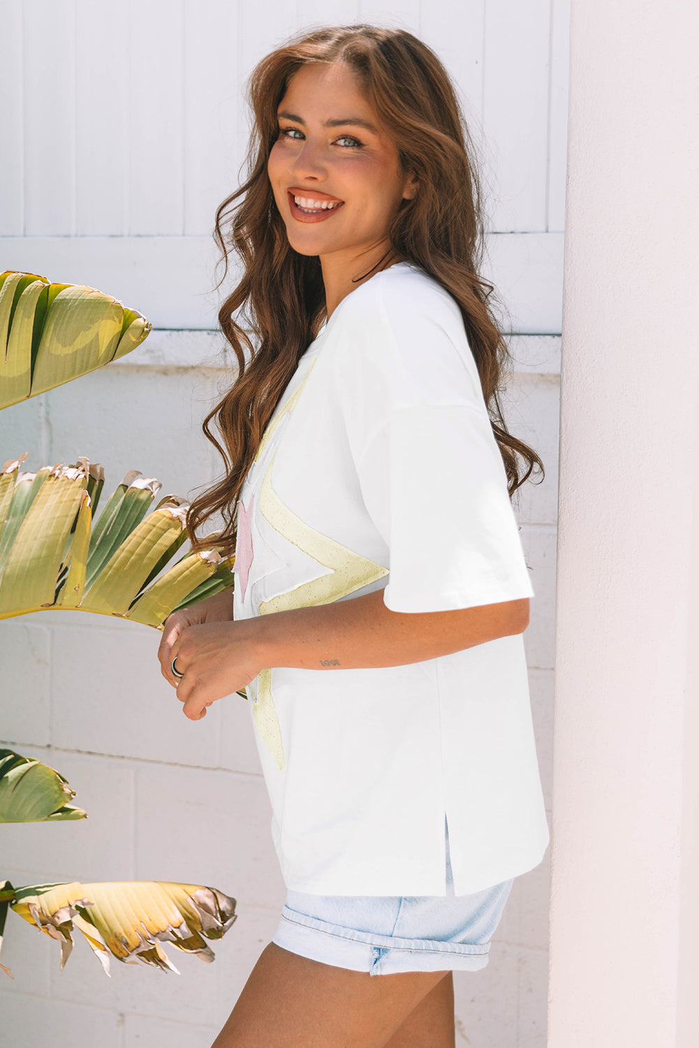 White Star Layered Patched Graphic Drop Shoulder Half Sleeve Loose Tee eAura