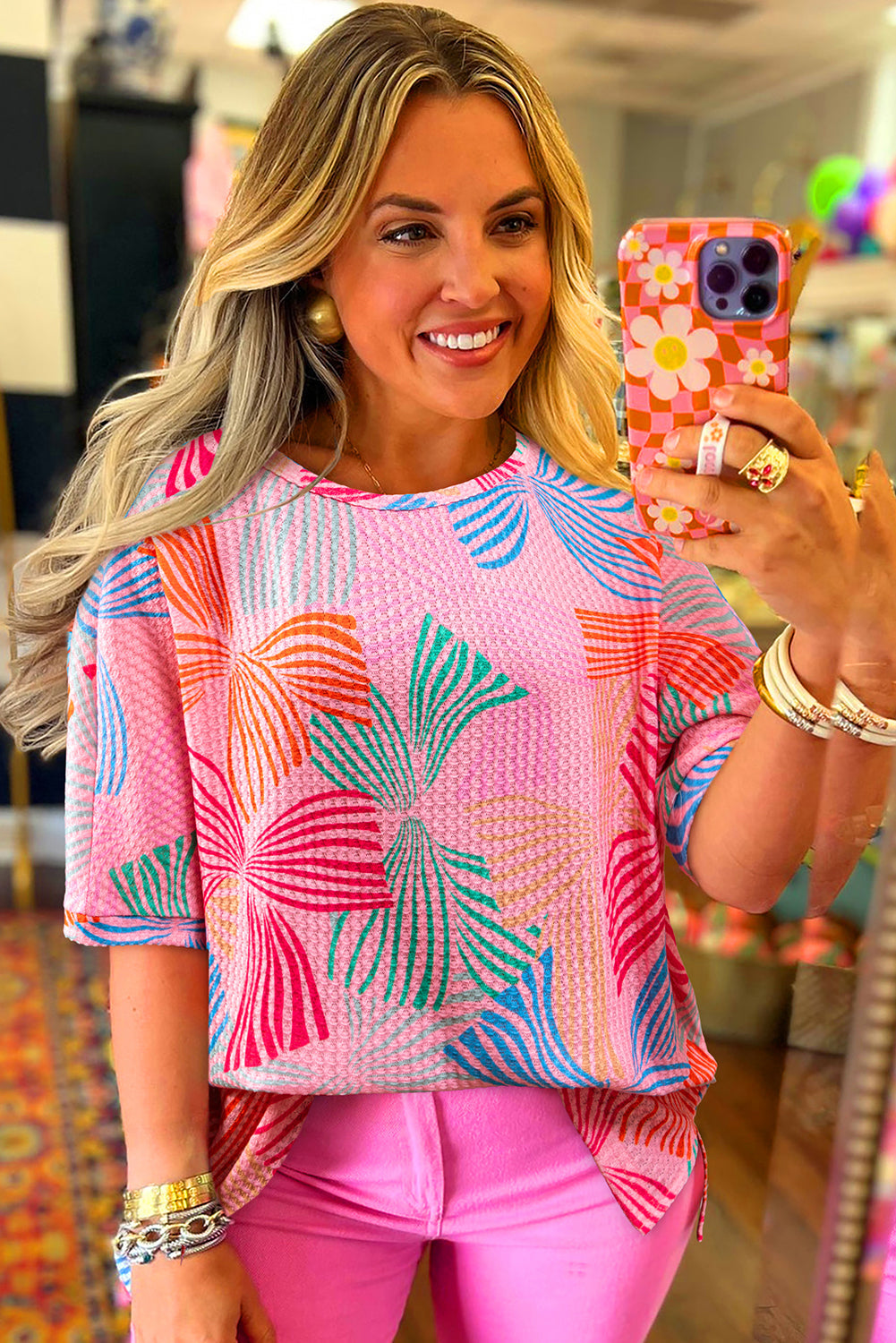 Pink Bowknot Printed Waffle Crewneck Loose Short Sleeve Top eAura