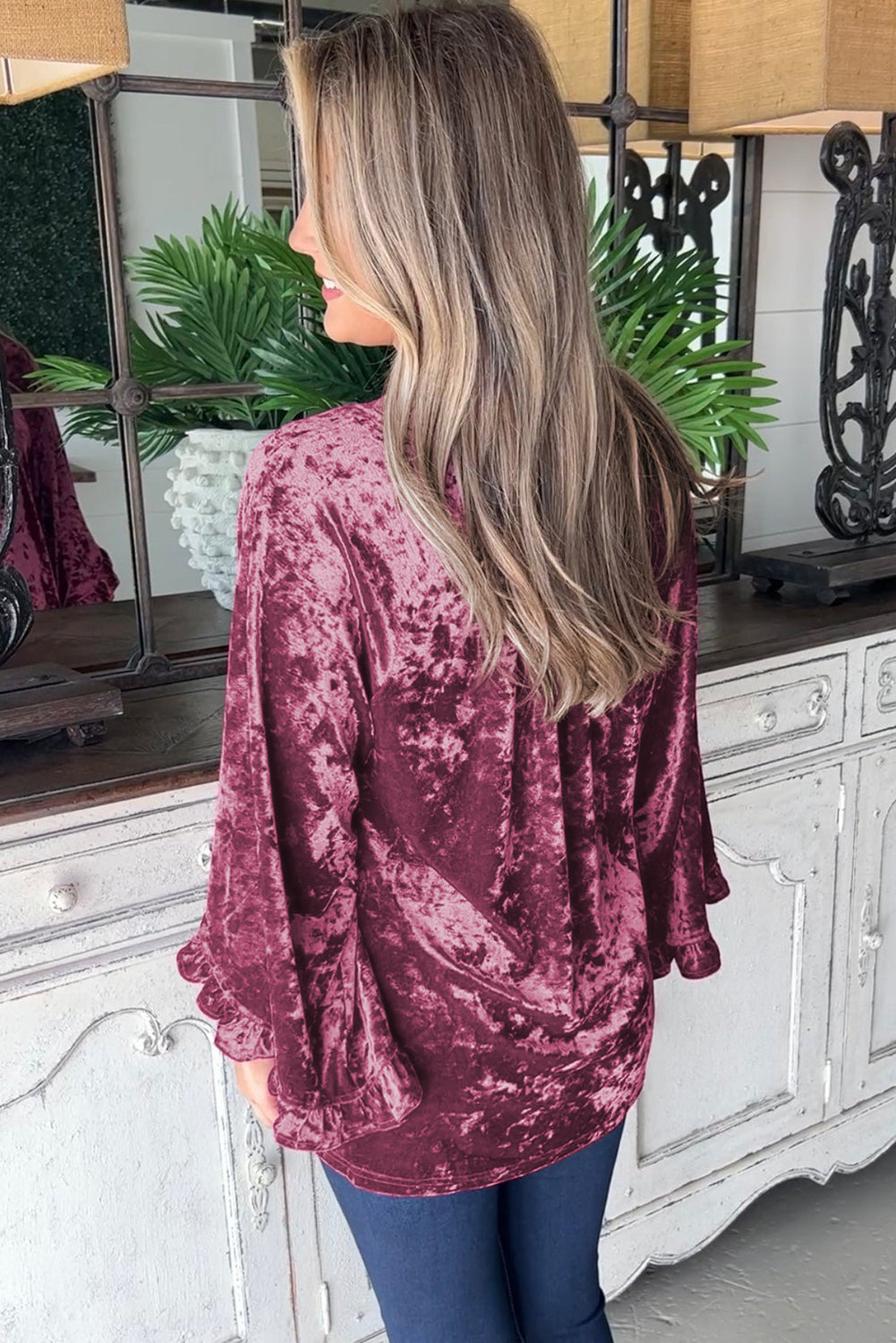 Red Dahlia Velvet Pagoda Sleeve Crew Neck Top eAura