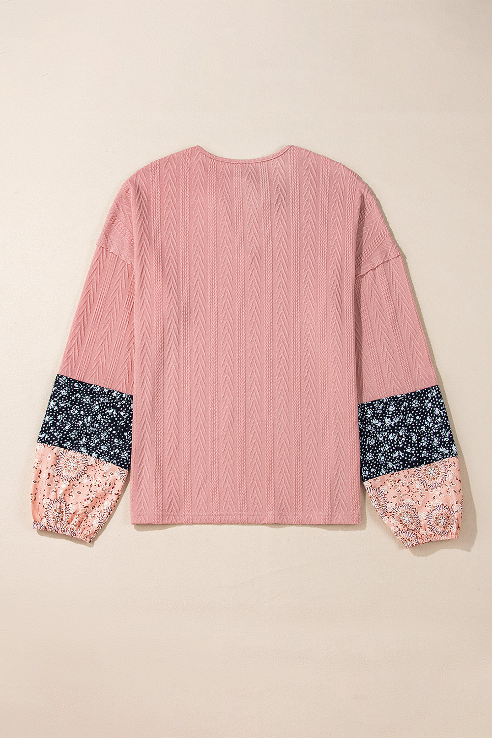 Dusty Pink Floral Patchwork Textured Knit Drawstring V Neck Blouse eAura