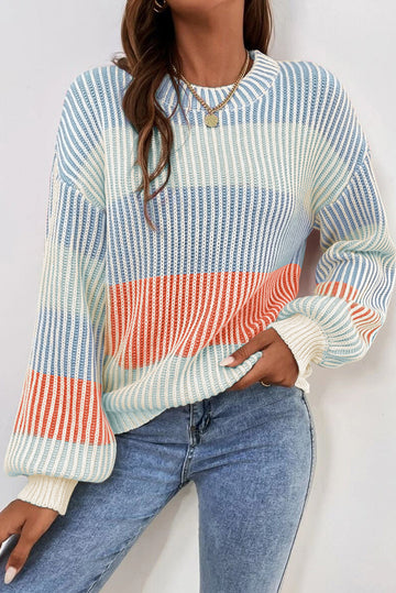 Multicolour Colourblock Textured Knit Bubble Sleeve Sweater eAura