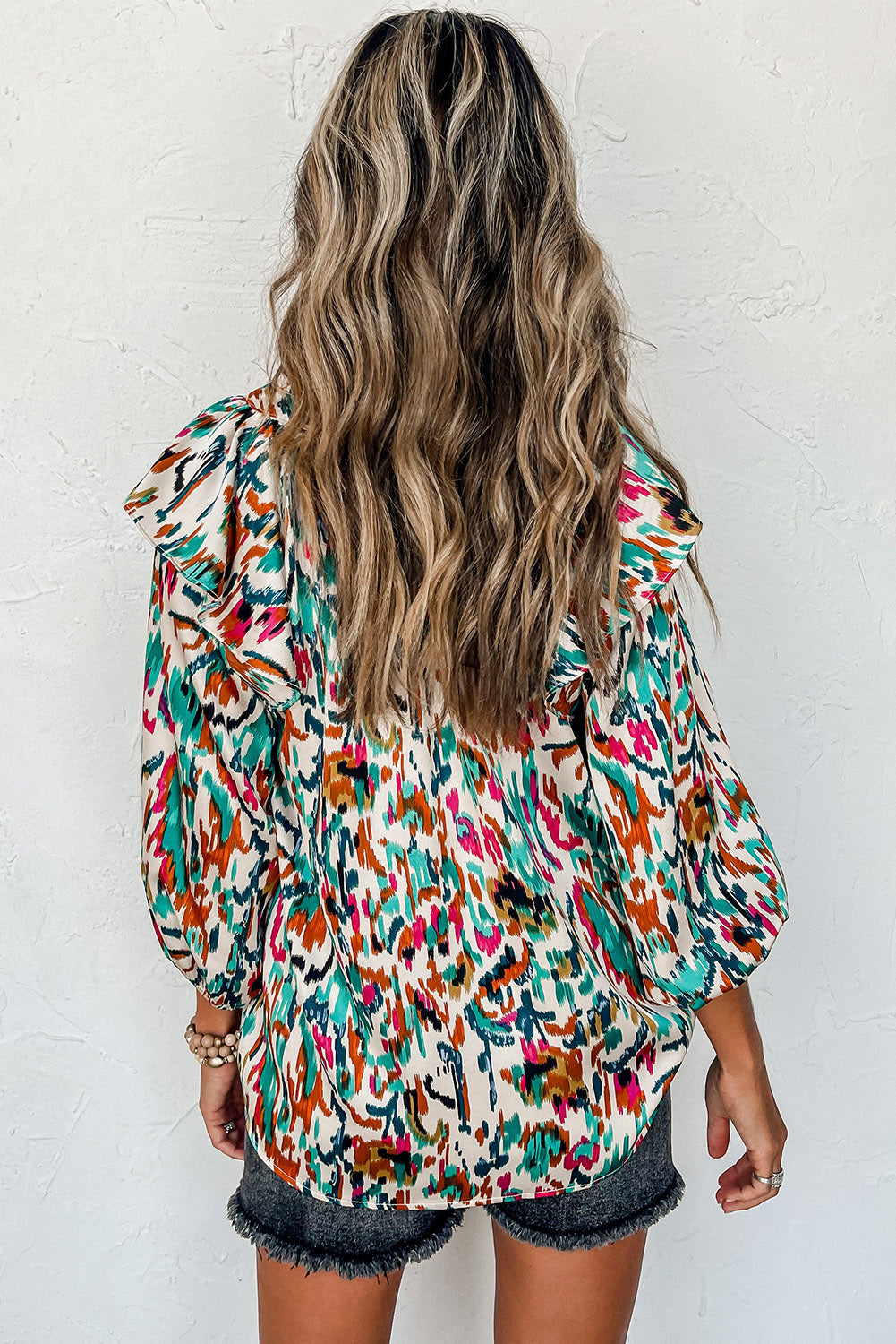 MultiColour Abstract Print 3/4 Puff Sleeve Ruffle Blouse eAura