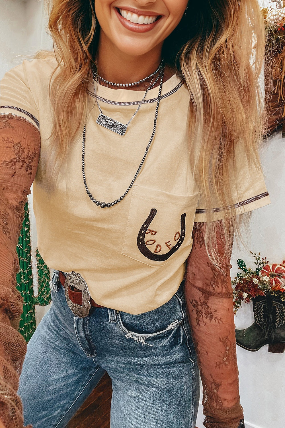 Apricot RODEO Horseshoe Embroidered Patch Pocket T Shirt eAura
