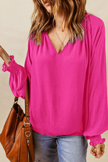 Rose Pleated V Neck Puffy Sleeve Blouse eAura