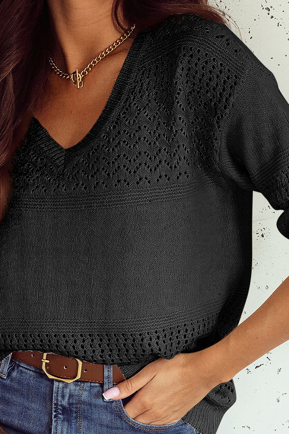 Black Eyelet Pattern Detail V Neck Drop Shoulder Sweater eAura