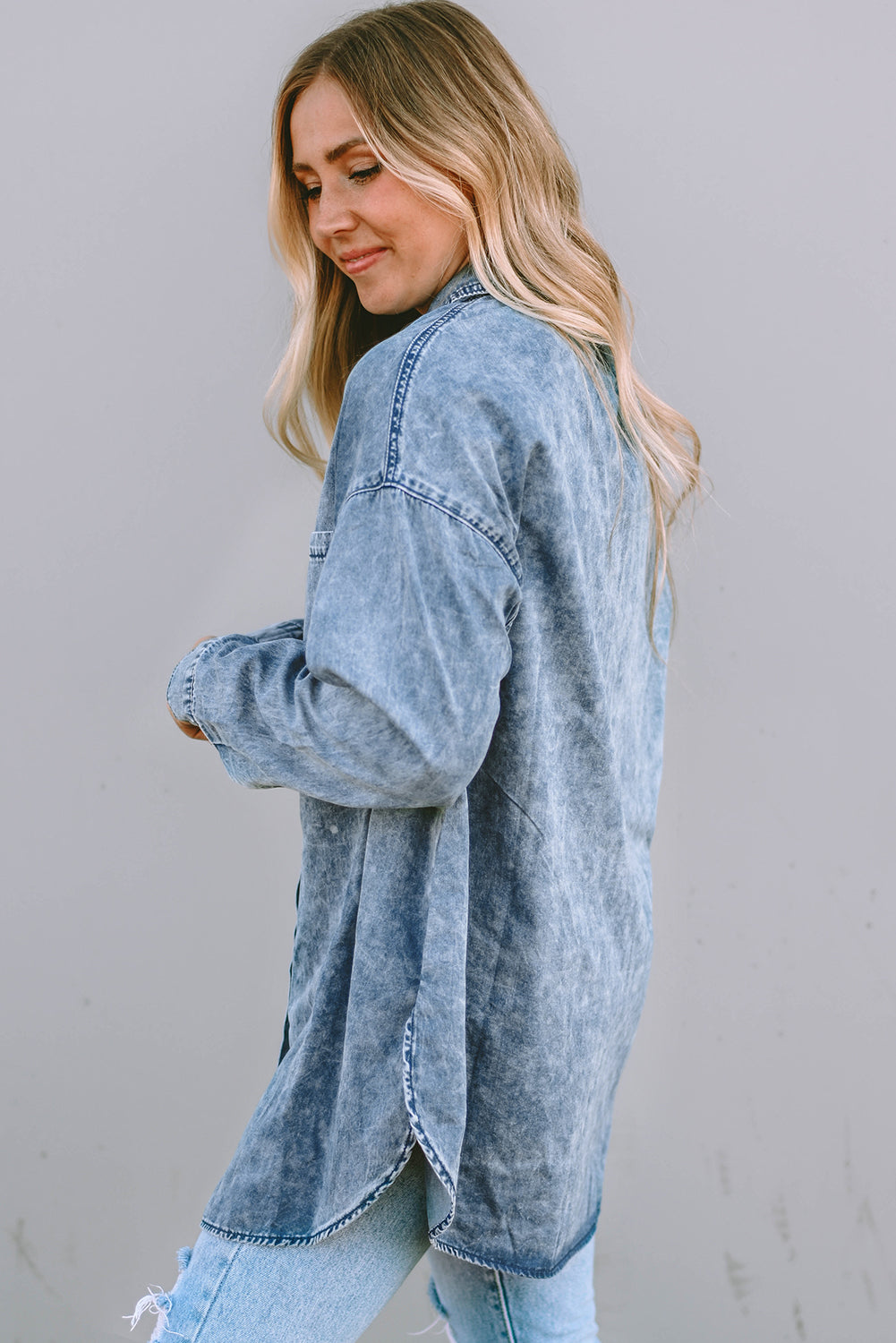 Sky Blue Vintage Washed Chest Pocket Denim Shirt eAura