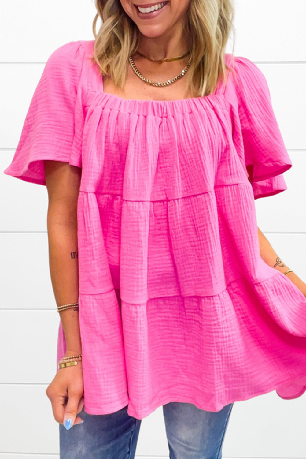 Bright Pink Textured Square Neck Flutter Sleeve Tiered Flowy Blouse eAura