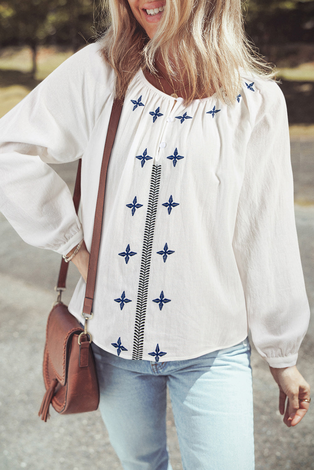 White Geometric Embroidered Long Sleeve Buttoned Blouse eAura