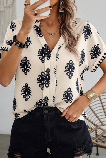 Black Geometric Print Short Sleeve V Neck Blouse eAura