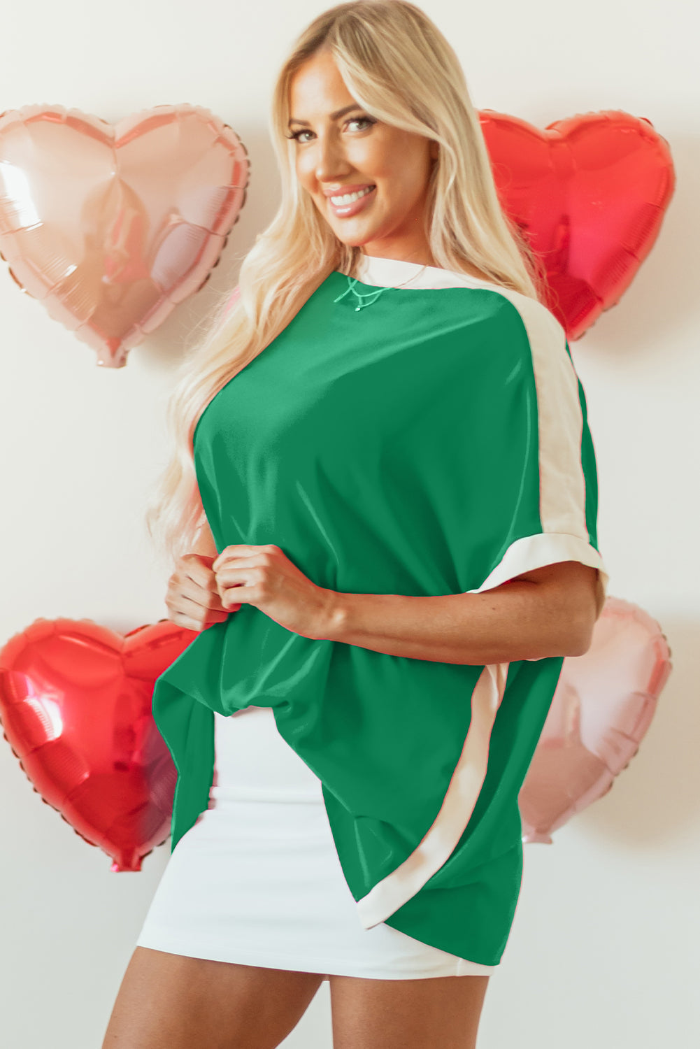 Rose Red Oversized Colour Block Boat Neck Tunic Blouse eAura