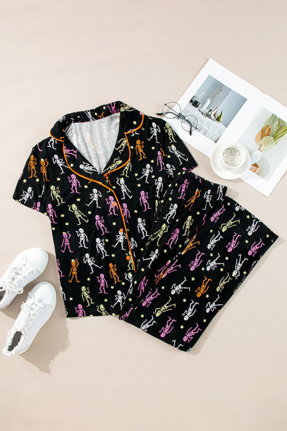 Black Halloween Pattern Short Sleeve Shirt Pyjama Set eAura