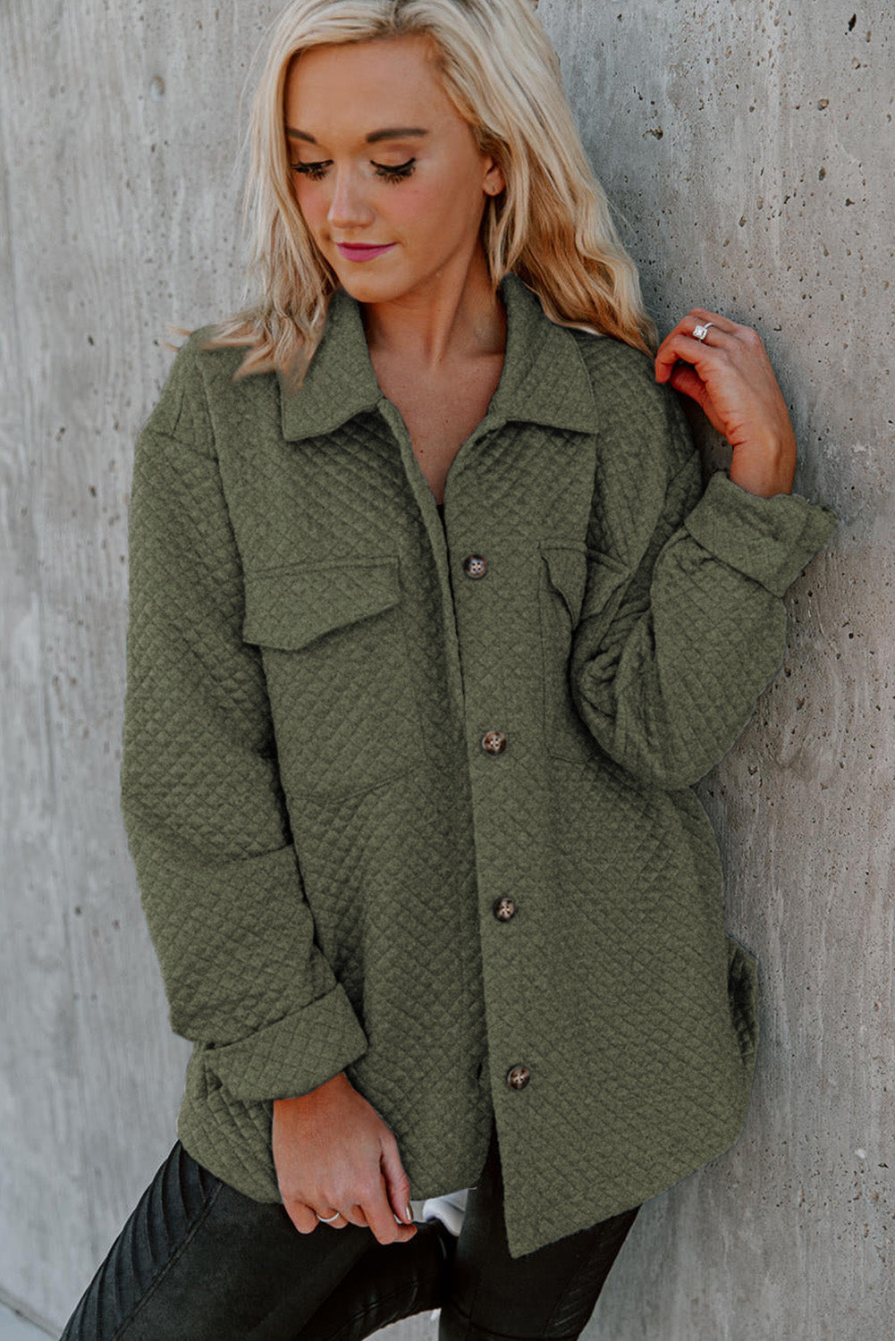 Green Retro Quilted Flap Pocket Button Shacket eAura
