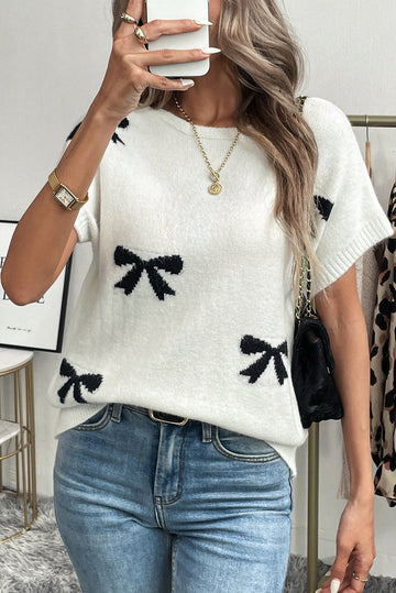Bow Pattern Knit Short Sleeve White Sweater eAura