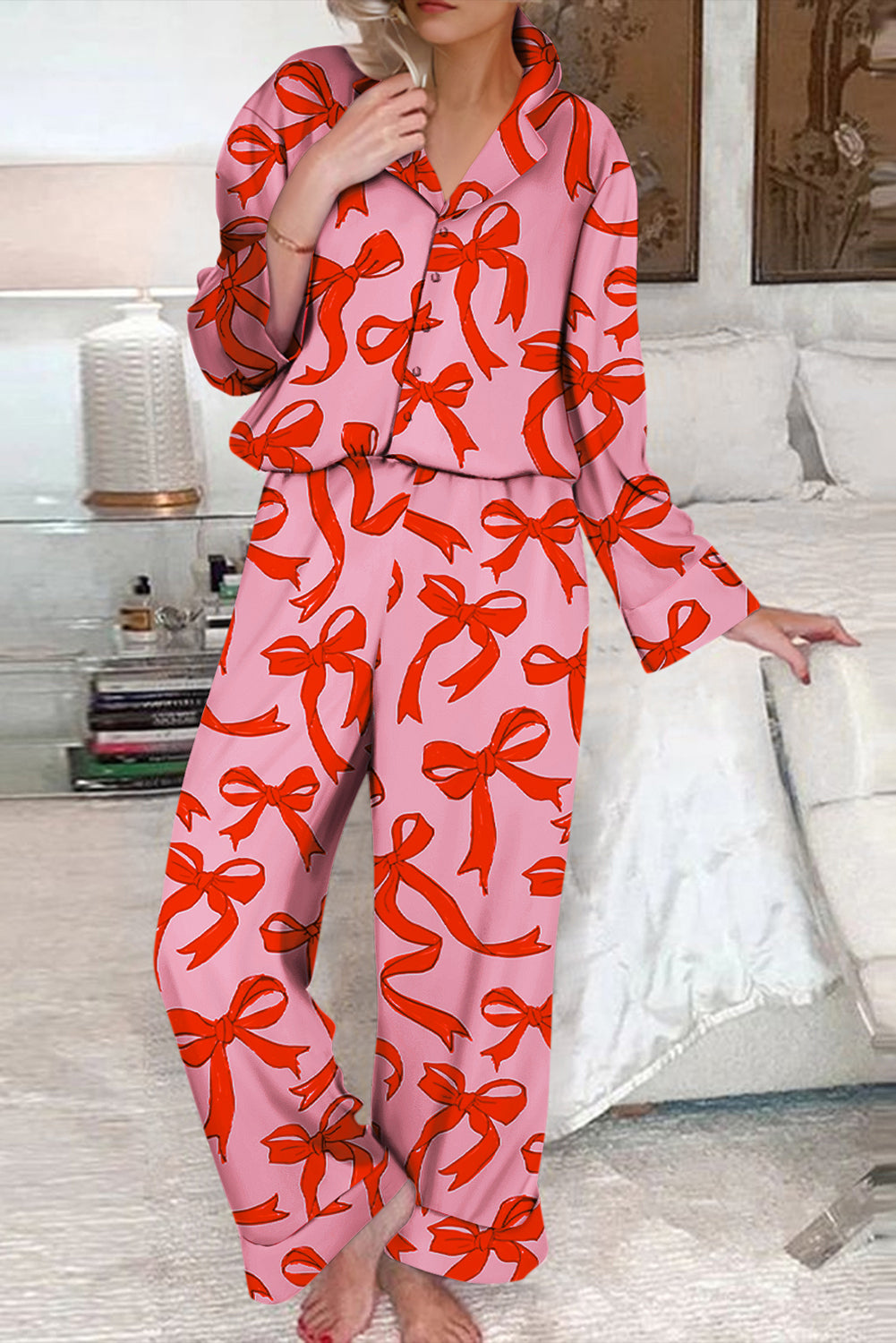 Pink 2pcs Bow Print Shirt Style Long Sleeve Pyjama Set eAura