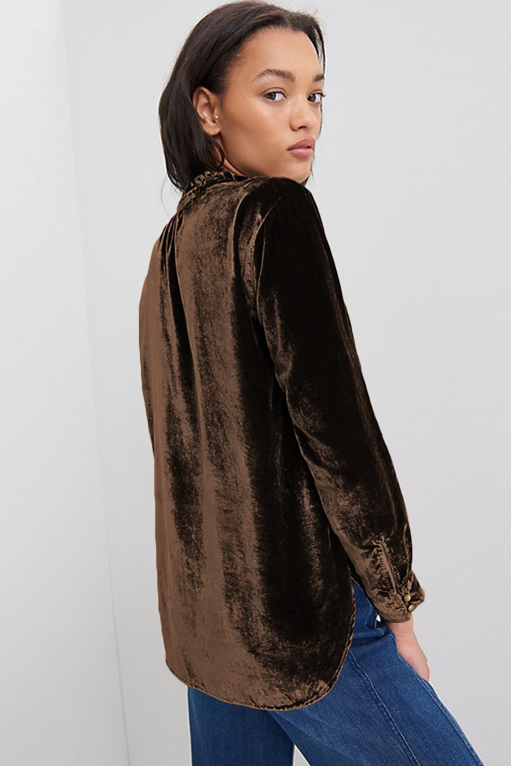Burgundy Frilled Neck Buttoned Front Velvet Top eAura