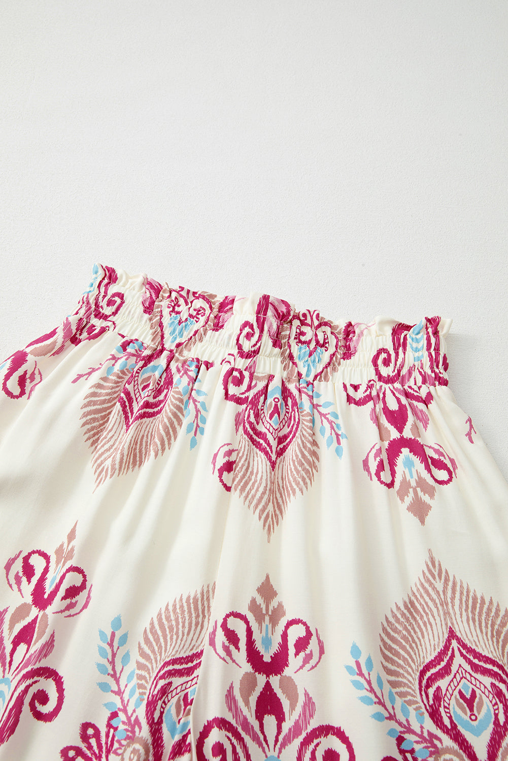 Rose Boho Print Shirred High Waist Wide Leg Trousers eAura