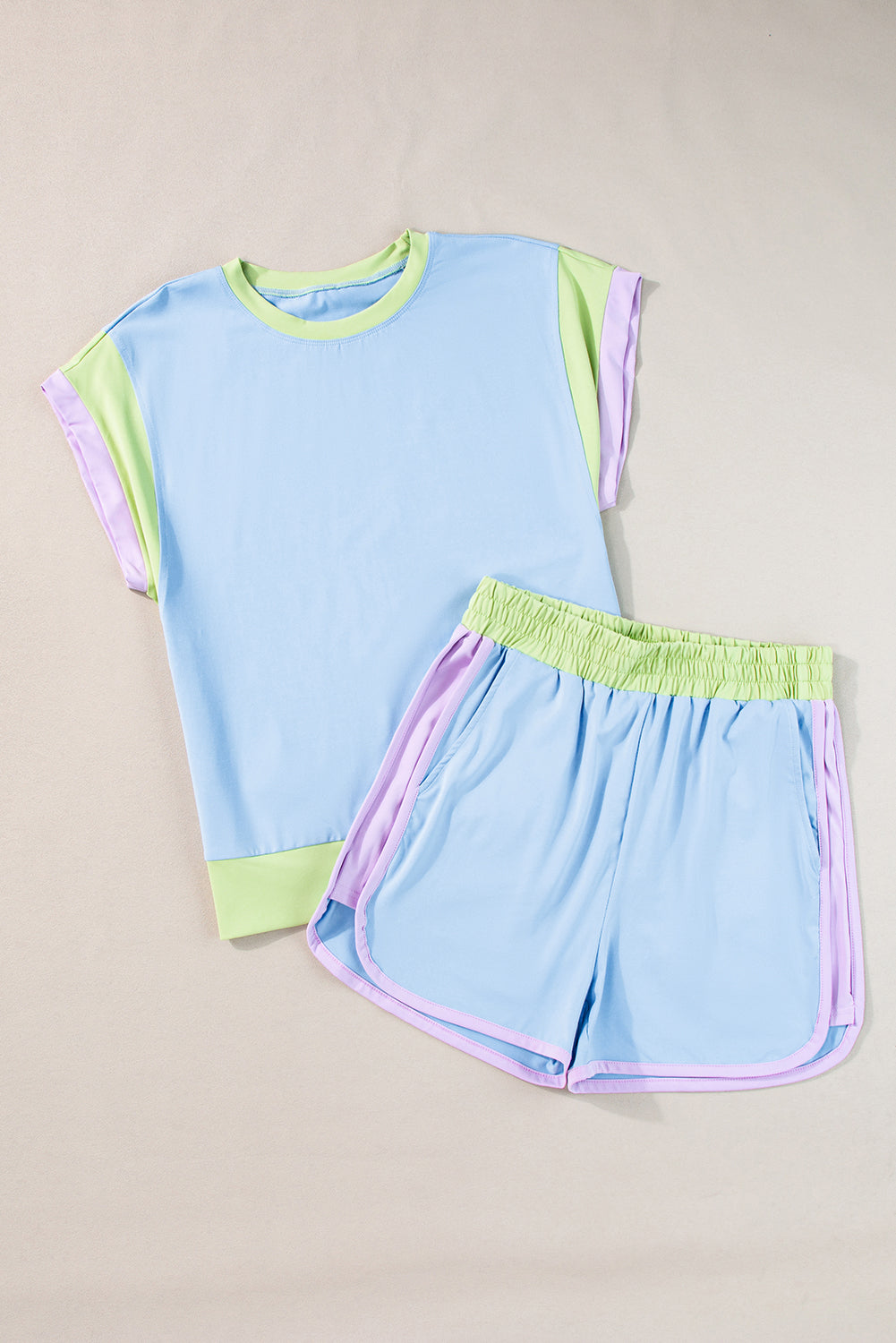 Blue Contrast Trim Cap Sleeve Tee Shorts Set Co-ord eAura
