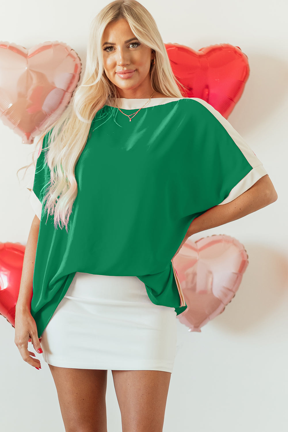 Rose Red Oversized Colour Block Boat Neck Tunic Blouse eAura