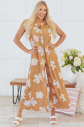 Khaki Floral Print Sleeveless Button up Wide Leg Loose Jumpsuit eAura