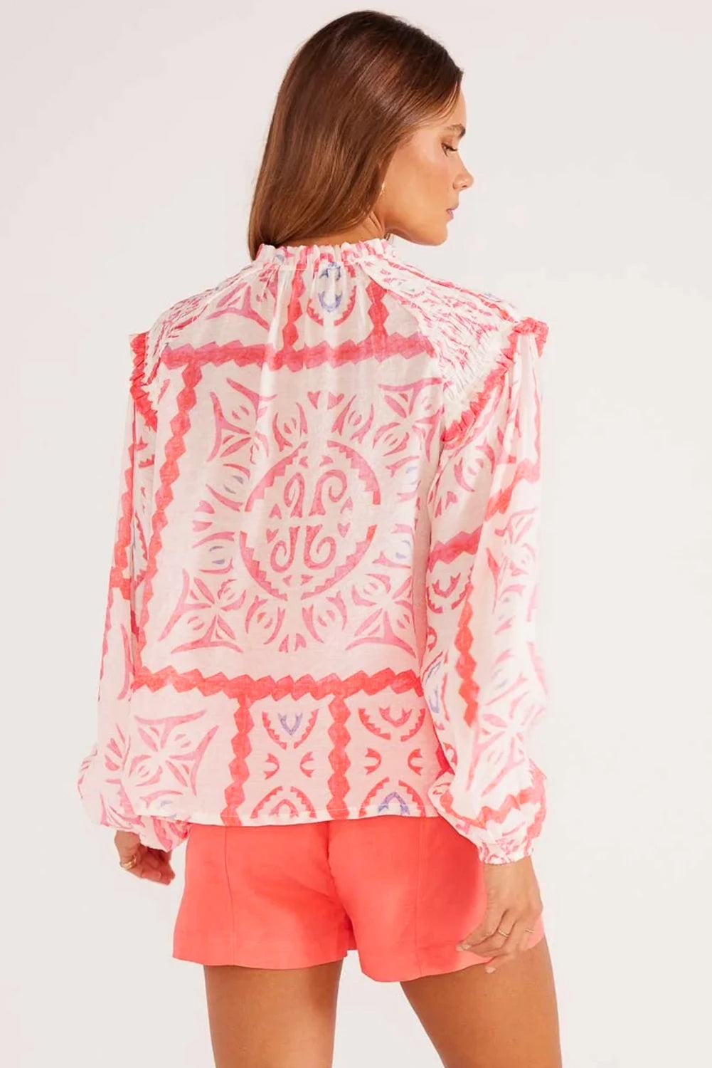Desert Flower Vintage Print Smocked Poet Collar Billowy Blouson Sleeves Blouse eAura