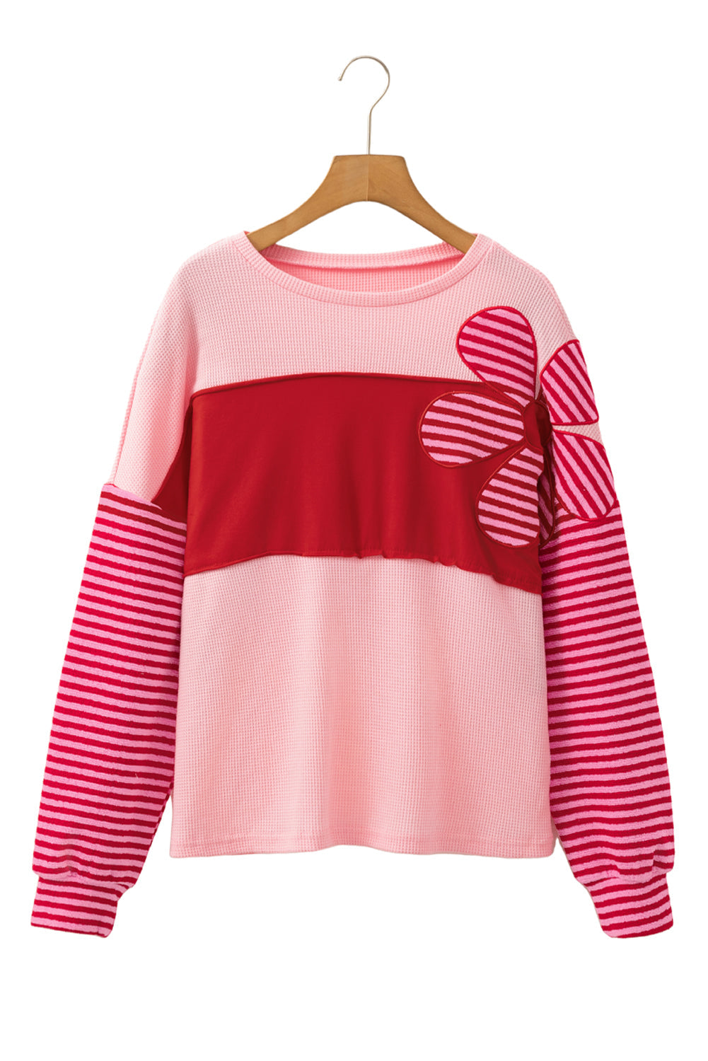 Pink Floral Patch Colour Block Striped Sleeve Textured Top eAura