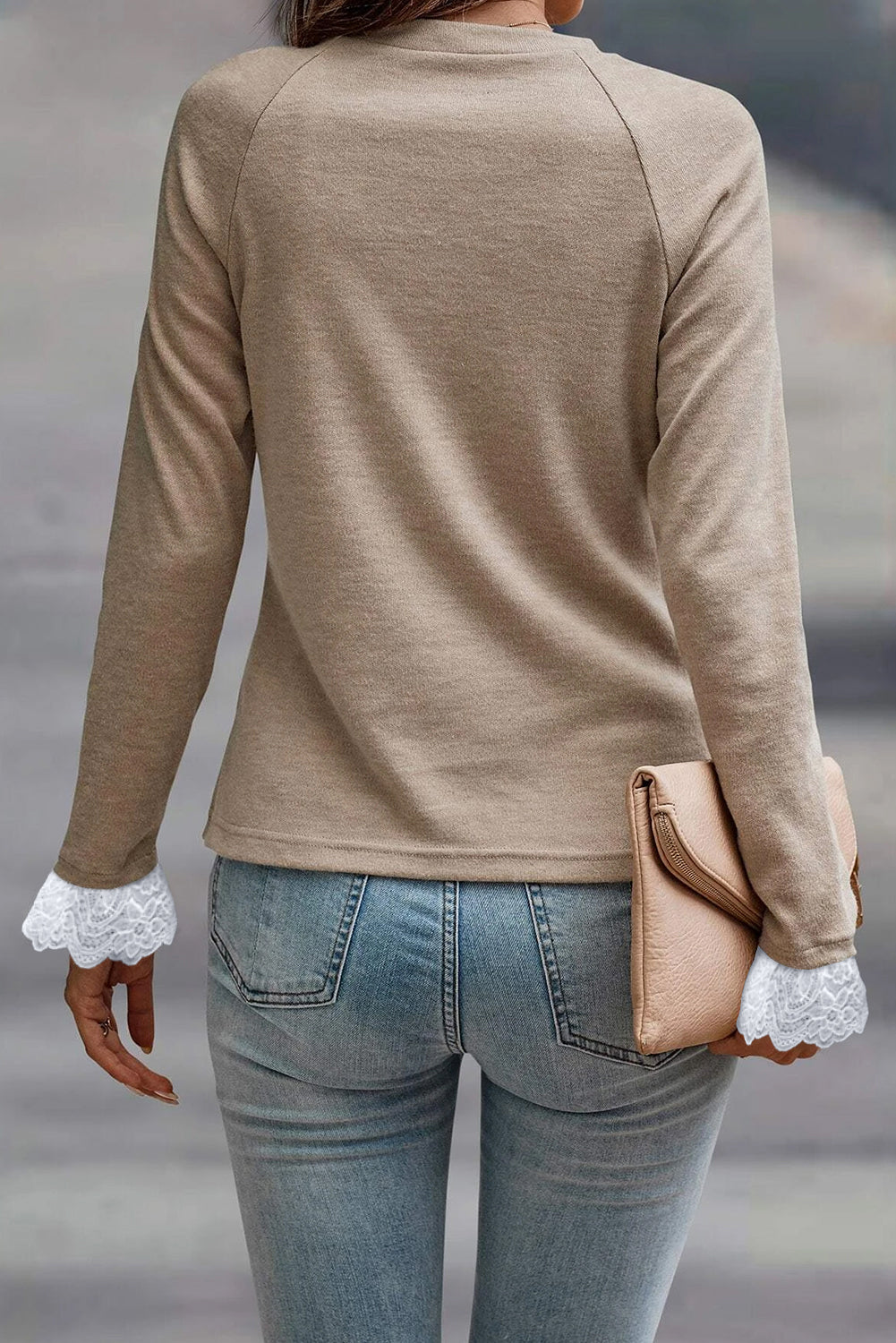 Parchment Seam Detail Lace Contrast Cuffs Raglan Sleeve Top eAura