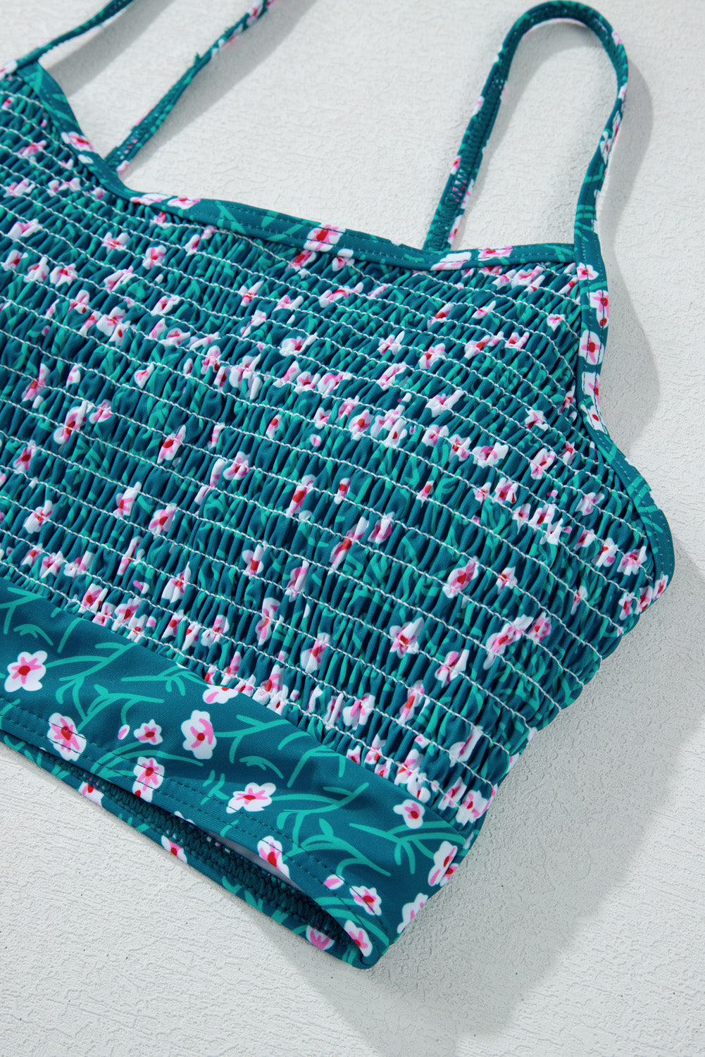 Blue Floral Print Smocked Cute Bikini Set eAura