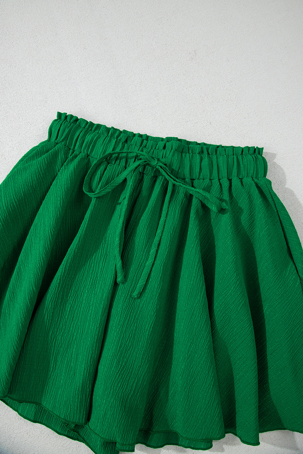 Dark Green Textured Frilled Lace-up High Waist Ruffle Wide Leg Shorts eAura