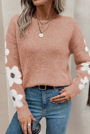 Light Grey Flower Sleeve Drop Shoulder Sweater eAura
