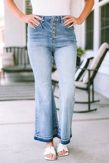 Sky Blue High Waist Buttoned Distressed Flared Jeans Beagle Boutique Fashion Outlet
