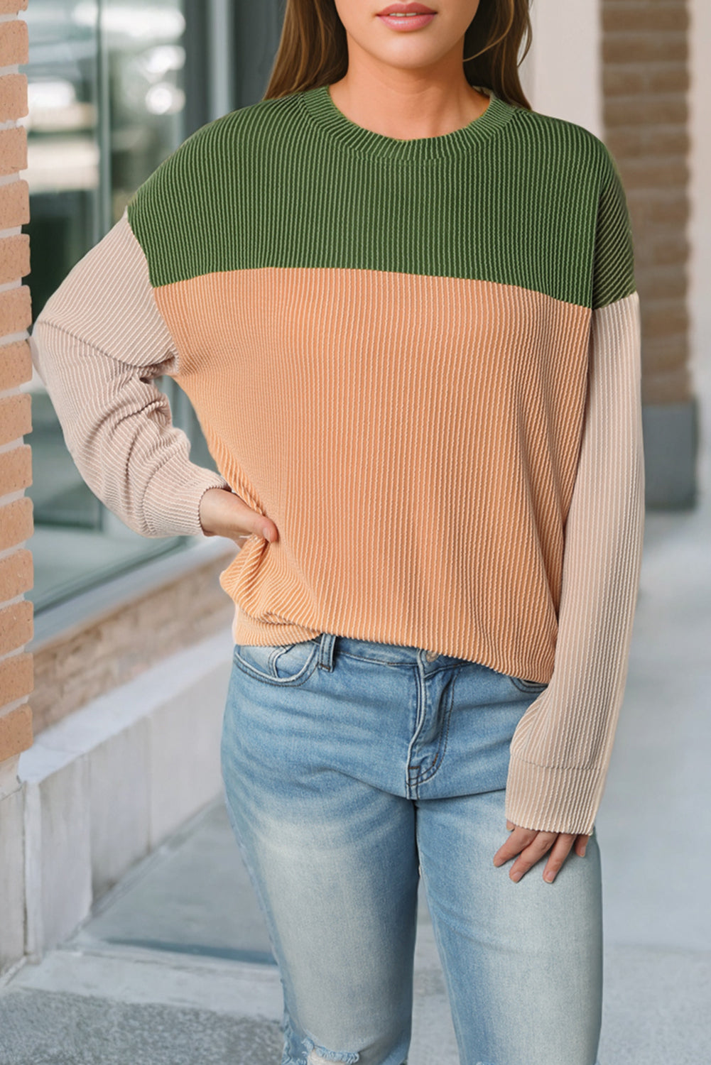 Pink Colour Block Long Sleeve Ribbed Loose Top eAura