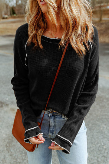 Black Textured Round Neck Long Sleeve Top eAura