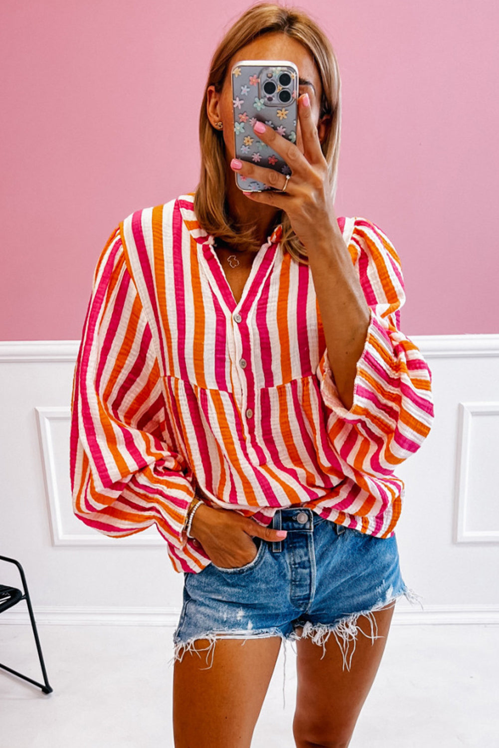 Orange Stripe Balloon Sleeve Notched V Neck Buttoned Front Blouse eAura