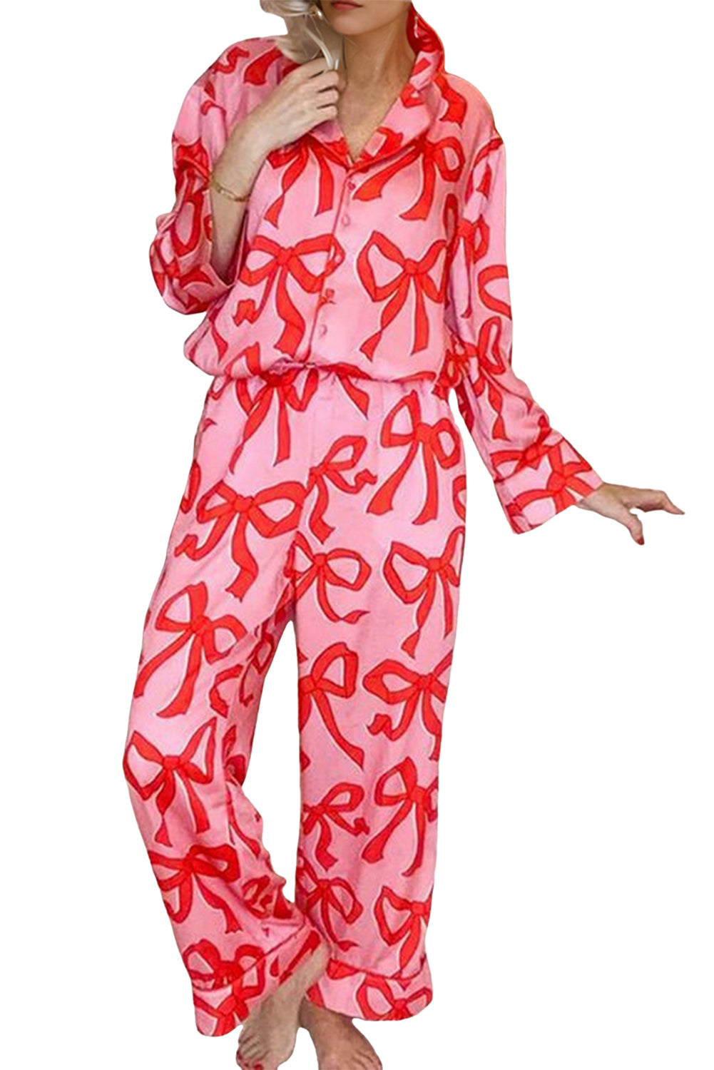 Pink 2pcs Bow Print Shirt Style Long Sleeve Pyjama Set eAura
