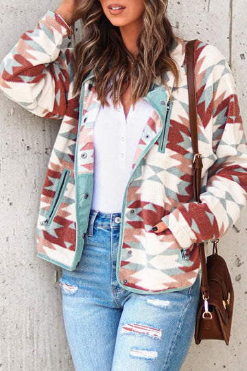 Fiery Red Western Aztec Buttoned Zipper Pockets Fleece Jacket Beagle Boutique Fashion Outlet